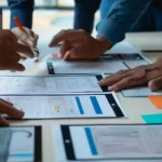 Mehrere Personen arbeiten gemeinsam an Diagrammen und Dokumenten, um die PSS-Definition (Product-Service-System) festzulegen. In dieser Phase werden die Identität, Werte und Ziele des Systems definiert, um es erfolgreich auf den Markt auszurichten. Several people are collaborating on charts and documents to define the PSS (Product-Service-System). During this phase, the identity, values, and goals of the system are established to successfully align it with the market.