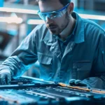 Ein Techniker überprüft eine Batterieeinheit in einer Werkstattumgebung. Diese Tätigkeit ist Teil der PSS-Validierung, bei der das Produkt-Service-System auf Qualität, Sicherheit und Effizienz geprüft wird. A technician inspects a battery unit in a workshop environment. This task is part of PSS validation, where the product-service system is tested for quality, safety, and efficiency.