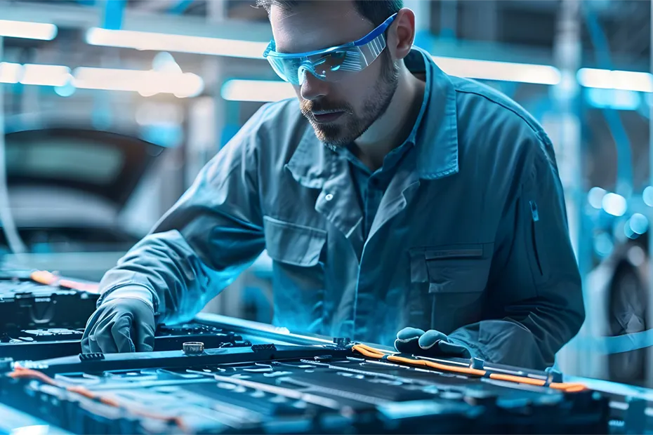 Ein Techniker überprüft eine Batterieeinheit in einer Werkstattumgebung. Diese Tätigkeit ist Teil der PSS-Validierung, bei der das Produkt-Service-System auf Qualität, Sicherheit und Effizienz geprüft wird. A technician inspects a battery unit in a workshop environment. This task is part of PSS validation, where the product-service system is tested for quality, safety, and efficiency.