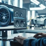 Ein Designer arbeitet an einem Computer, auf dem virtuelle Modelle von Autoreifen und Felgen angezeigt werden, während im Hintergrund ein reales Auto steht. Der Fokus liegt auf dem virtuellen Modellbau, um das Design und die Funktionalität zu optimieren. A designer works on a computer displaying virtual models of car tires and rims, with a real car in the background. The focus is on virtual model build to optimize design and functionality.