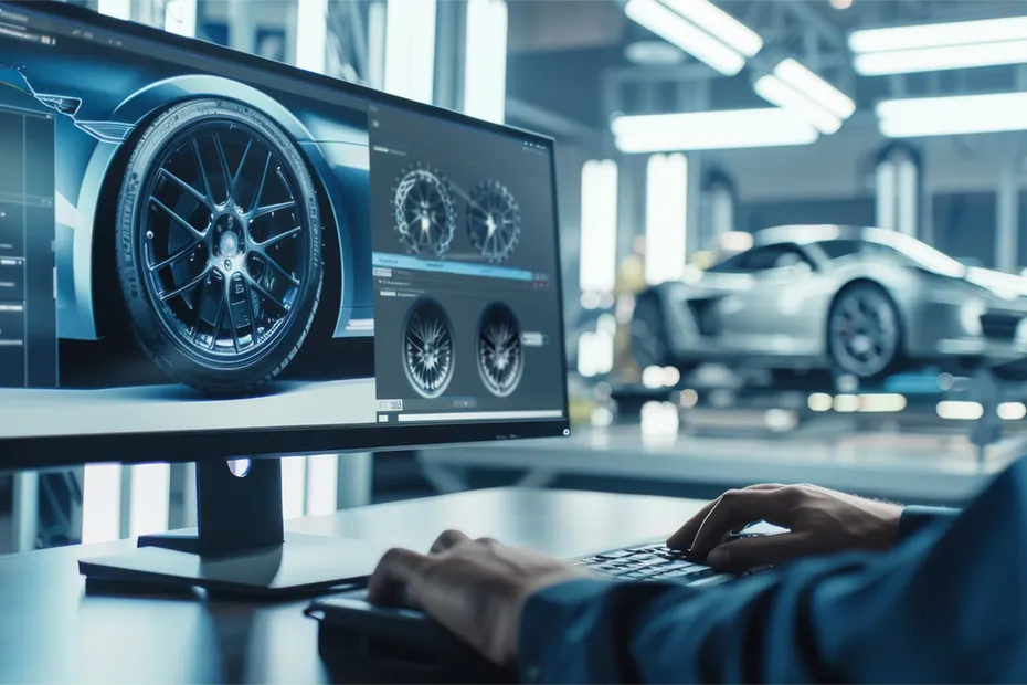 Ein Designer arbeitet an einem Computer, auf dem virtuelle Modelle von Autoreifen und Felgen angezeigt werden, während im Hintergrund ein reales Auto steht. Der Fokus liegt auf dem virtuellen Modellbau, um das Design und die Funktionalität zu optimieren. A designer works on a computer displaying virtual models of car tires and rims, with a real car in the background. The focus is on virtual model build to optimize design and functionality.