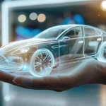 Eine Hand hält ein holografisches Modell eines Autos, das den physischer Modellbau im Rahmen der Fahrzeugentwicklung symbolisiert. A hand holds a holographic model of a car, symbolizing physical model building in vehicle development.