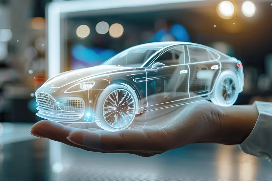 Eine Hand hält ein holografisches Modell eines Autos, das den physischer Modellbau im Rahmen der Fahrzeugentwicklung symbolisiert. A hand holds a holographic model of a car, symbolizing physical model building in vehicle development.