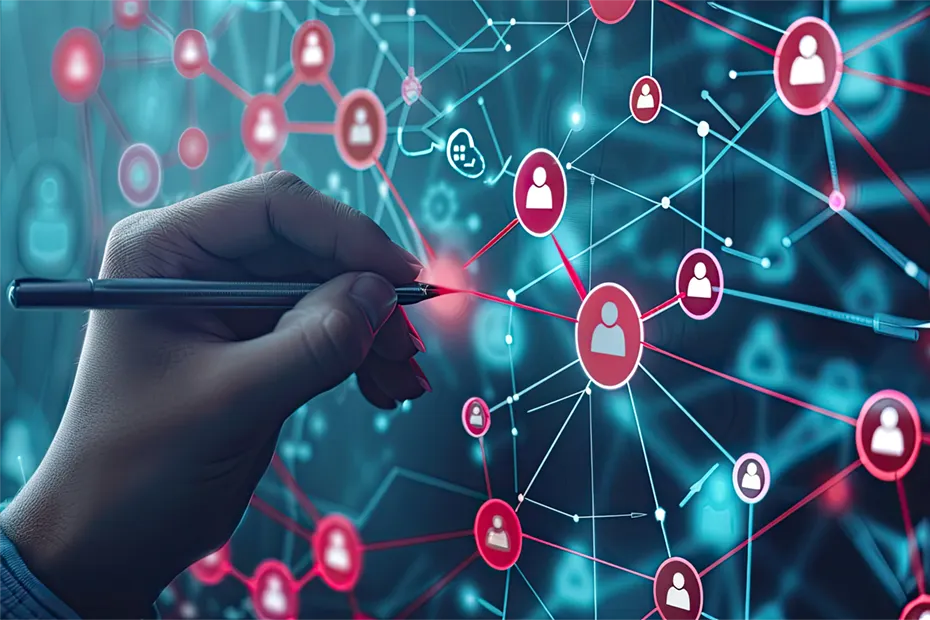 Eine Hand hält einen Stift und zeigt auf ein digitales Netzwerkdiagramm mit verbundenen Symbolen von Personen. Das Bild symbolisiert die kollaborative Arbeit in Concept Workshops, in denen Ideen entwickelt und Netzwerke aufgebaut werden. A hand holding a pen points to a digital network diagram with interconnected person icons. The image symbolizes collaborative work in concept workshops, where ideas are developed and networks are created.
