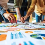 Mehrere Personen arbeiten gemeinsam an einem Tisch, der mit Diagrammen und Statistiken bedeckt ist. Dieser Konzept-Workshop dient der Entwicklung und Analyse von Ideen, um neue Lösungen zu erarbeiten. Several people are working together at a table filled with charts and statistics. This concept workshop focuses on developing and analyzing ideas to create new solutions.