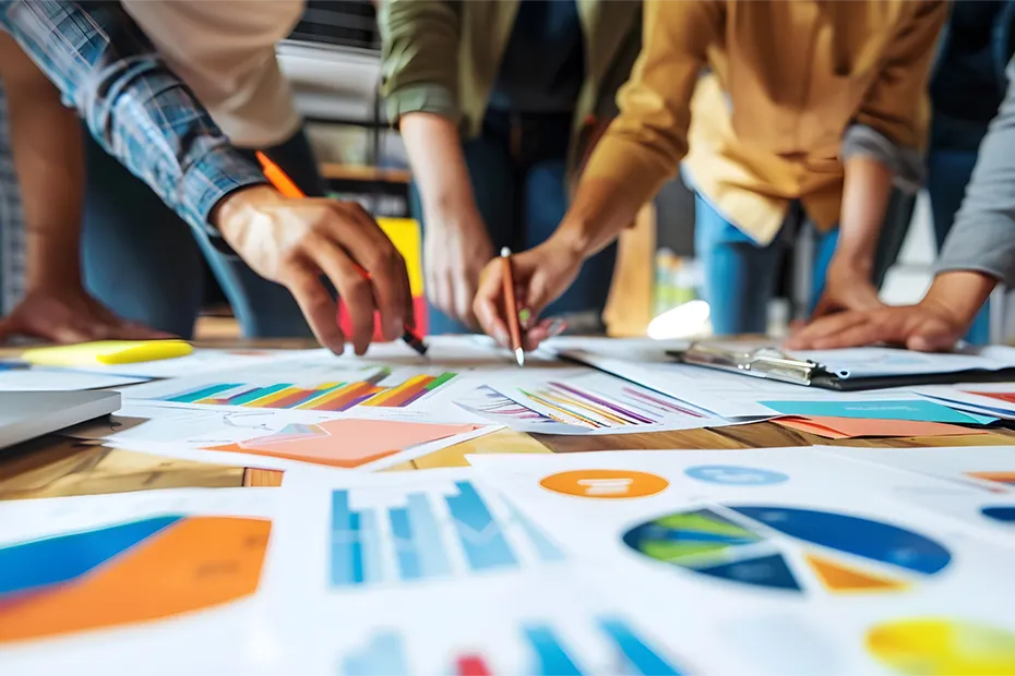 Mehrere Personen arbeiten gemeinsam an einem Tisch, der mit Diagrammen und Statistiken bedeckt ist. Dieser Konzept-Workshop dient der Entwicklung und Analyse von Ideen, um neue Lösungen zu erarbeiten. Several people are working together at a table filled with charts and statistics. This concept workshop focuses on developing and analyzing ideas to create new solutions.