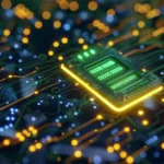 Eine Nahaufnahme einer leuchtenden Leiterplatte mit digitalen Schaltkreisen, die im Rahmen der PSS-Validierung getestet wird. Dabei werden elektronische Komponenten auf ihre Funktionalität und Einhaltung von Qualitätsstandards geprüft. A close-up of a glowing circuit board with digital circuits being tested as part of PSS validation. The process ensures that electronic components meet functionality and quality standards.