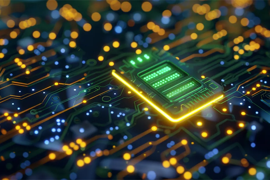 Eine Nahaufnahme einer leuchtenden Leiterplatte mit digitalen Schaltkreisen, die im Rahmen der PSS-Validierung getestet wird. Dabei werden elektronische Komponenten auf ihre Funktionalität und Einhaltung von Qualitätsstandards geprüft. A close-up of a glowing circuit board with digital circuits being tested as part of PSS validation. The process ensures that electronic components meet functionality and quality standards.