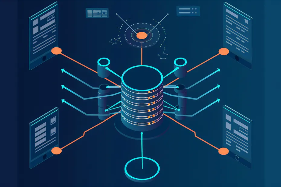 Ein digitales Schaubild zeigt den Datenfluss zwischen mehreren Geräten und einem zentralen Datenspeicher. Dieses Schaubild könnte das Ergebnis eines Konzept-Workshops sein, bei dem Datenarchitektur und -verbindungen entwickelt und optimiert wurden. A digital diagram shows the data flow between multiple devices and a central data storage. This diagram could be the result of a concept workshop focused on developing and optimizing data architecture and connections.