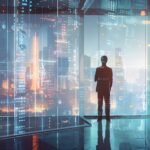 Eine Person steht vor einer Glaswand, die einen futuristischen Stadtblick mit holografischen Datenprojektionen zeigt. Verschiedene digitale Symbole und Diagramme sind sichtbar, die auf PSS-Planung und strategische Entscheidungsfindung hinweisen. A person stands in front of a glass wall overlooking a futuristic cityscape with holographic data projections. Various digital symbols and charts are visible, indicating PSS planning and strategic decision-making.