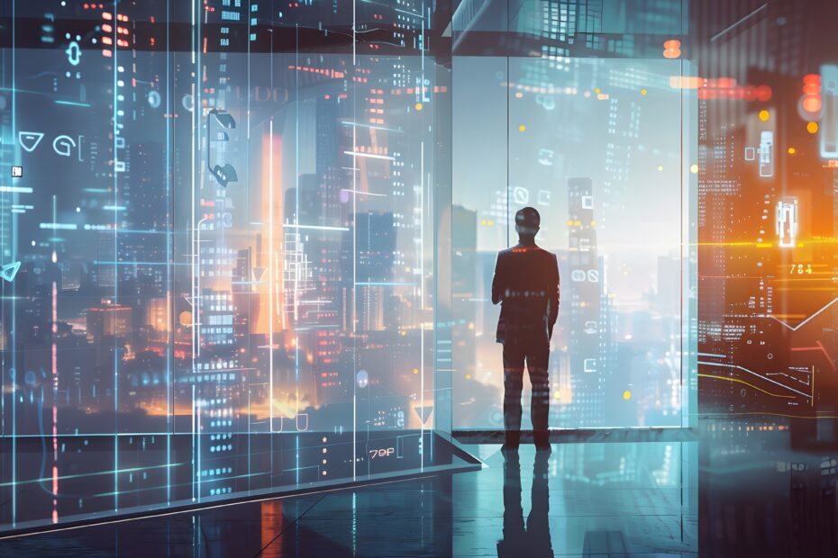 Eine Person steht vor einer Glaswand, die einen futuristischen Stadtblick mit holografischen Datenprojektionen zeigt. Verschiedene digitale Symbole und Diagramme sind sichtbar, die auf PSS-Planung und strategische Entscheidungsfindung hinweisen. A person stands in front of a glass wall overlooking a futuristic cityscape with holographic data projections. Various digital symbols and charts are visible, indicating PSS planning and strategic decision-making.