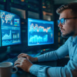 Ein Ingenieur sitzt vor mehreren Bildschirmen, die Diagramme, Grafiken und Daten in Echtzeit anzeigen. Er arbeitet konzentriert an der PSS Planung, während verschiedene Datenvisualisierungen und Analyse-Tools auf den Monitoren zu sehen sind. An engineer sits in front of multiple screens displaying real-time charts, graphs, and data. He is focused on PSS planning, with various data visualizations and analysis tools visible on the monitors.