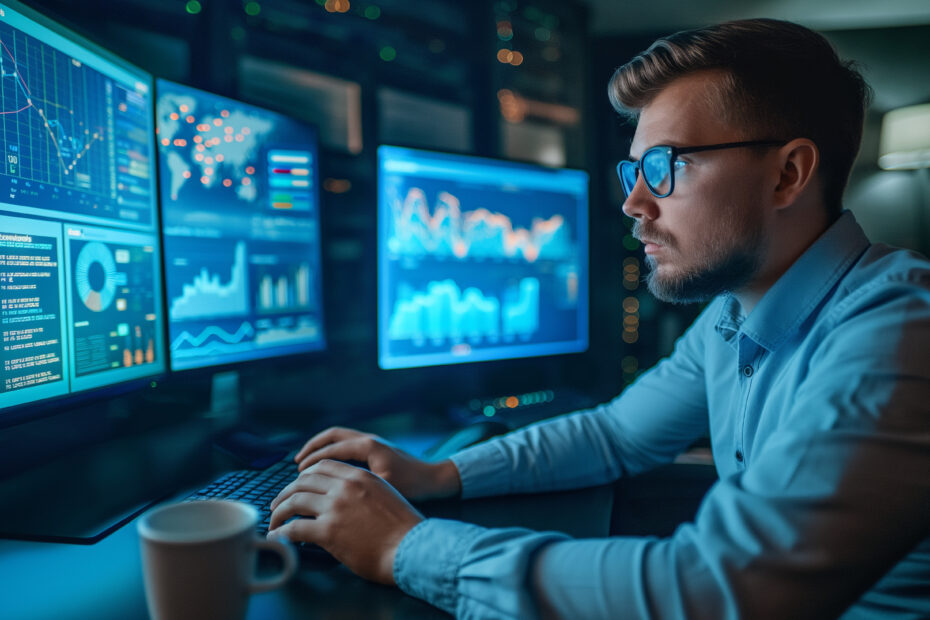 Ein Ingenieur sitzt vor mehreren Bildschirmen, die Diagramme, Grafiken und Daten in Echtzeit anzeigen. Er arbeitet konzentriert an der PSS Planung, während verschiedene Datenvisualisierungen und Analyse-Tools auf den Monitoren zu sehen sind. An engineer sits in front of multiple screens displaying real-time charts, graphs, and data. He is focused on PSS planning, with various data visualizations and analysis tools visible on the monitors.