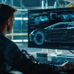 Ein Ingenieur sitzt vor einem Computerbildschirm, auf dem die PSS-Verifizierung eines Sportwagenmodells in einer detaillierten digitalen Darstellung zu sehen ist. Verschiedene technische Spezifikationen und Drahtgitter-Ansichten des Fahrzeugs werden analysiert. An engineer sits in front of a computer screen displaying the PSS verification of a sports car model in a detailed digital representation. Various technical specifications and wireframe views of the vehicle are being analyzed.
