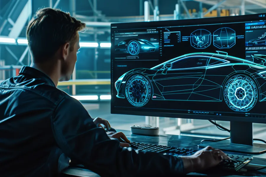Ein Ingenieur sitzt vor einem Computerbildschirm, auf dem die PSS-Verifizierung eines Sportwagenmodells in einer detaillierten digitalen Darstellung zu sehen ist. Verschiedene technische Spezifikationen und Drahtgitter-Ansichten des Fahrzeugs werden analysiert. An engineer sits in front of a computer screen displaying the PSS verification of a sports car model in a detailed digital representation. Various technical specifications and wireframe views of the vehicle are being analyzed.