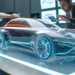 Zwei Designer arbeiten an der Styling-Visualisierung eines futuristischen Autos. Vor ihnen befindet sich ein holografisches Modell des Fahrzeugs auf einem beleuchteten Tisch, das Details wie die aerodynamischen Linien und Felgen-Designs zeigt. Two designers are working on the styling visualization of a futuristic car. In front of them is a holographic model of the vehicle on a lit table, showcasing details like aerodynamic lines and wheel designs.