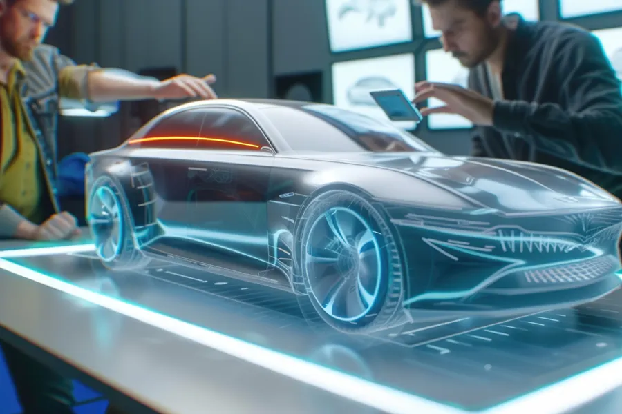 Zwei Designer arbeiten an der Styling-Visualisierung eines futuristischen Autos. Vor ihnen befindet sich ein holografisches Modell des Fahrzeugs auf einem beleuchteten Tisch, das Details wie die aerodynamischen Linien und Felgen-Designs zeigt. Two designers are working on the styling visualization of a futuristic car. In front of them is a holographic model of the vehicle on a lit table, showcasing details like aerodynamic lines and wheel designs.