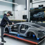 Ein Ingenieur nutzt ein Virtual-Reality-Headset, um an einem virtuellen Modellbau eines Autos in einem hochmodernen Labor zu arbeiten. Vor ihm befindet sich eine Plattform mit einem digitalen Drahtgittermodell des Fahrzeugs, während auf einem Bildschirm im Hintergrund das gleiche Modell angezeigt wird." English Alt Text: "An engineer uses a virtual reality headset to work on a virtual model construction of a car in a state-of-the-art lab. In front of him is a platform with a digital wireframe model of the vehicle, while the same model is displayed on a screen in the background.