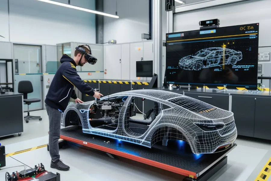 Ein Ingenieur nutzt ein Virtual-Reality-Headset, um an einem virtuellen Modellbau eines Autos in einem hochmodernen Labor zu arbeiten. Vor ihm befindet sich eine Plattform mit einem digitalen Drahtgittermodell des Fahrzeugs, während auf einem Bildschirm im Hintergrund das gleiche Modell angezeigt wird." English Alt Text: "An engineer uses a virtual reality headset to work on a virtual model construction of a car in a state-of-the-art lab. In front of him is a platform with a digital wireframe model of the vehicle, while the same model is displayed on a screen in the background.