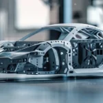 Detaillierte Ansicht einer Fahrzeugkarosserie im Aufbau, die komplexe Metallstrukturen und präzise Gießteile zeigt. Das Bild veranschaulicht die Verwendung von Giga Casting für die Produktion robuster und großer Fahrzeugteile in der Automobilindustrie. Detailed view of a vehicle body under construction, showing complex metal structures and precise castings. The image illustrates the use of Giga Casting for the production of robust and large vehicle parts in the automotive industry.
