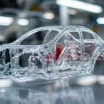 Transparente Darstellung einer Fahrzeugkarosserie im Modell, die die innere Struktur und Details der Konstruktion zeigt. Das Bild illustriert den Einsatz von Giga Casting, um komplexe und großflächige Bauteile für die Automobilindustrie in einem einzigen Guss zu fertigen. Transparent representation of a vehicle body in the model, showing the internal structure and details of the construction. The image illustrates the use of Giga Casting to produce complex and large components for the automotive industry in a single casting.