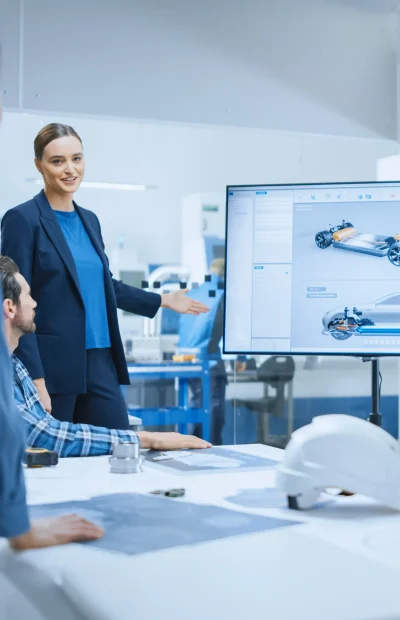 A woman presents a vehicle design to engineers on a screen. The image depicts the concept development process.
