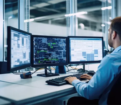 Ein Mann sitzt vor drei Bildschirmen in einem modernen Büro. Auf den Monitoren sind technische Daten, Pläne und Diagramme zu sehen, die für die PSS-Verifizierung analysiert werden. A man sits in front of three monitors in a modern office. The screens display technical data, plans, and diagrams that are being analyzed as part of the PSS verification process.