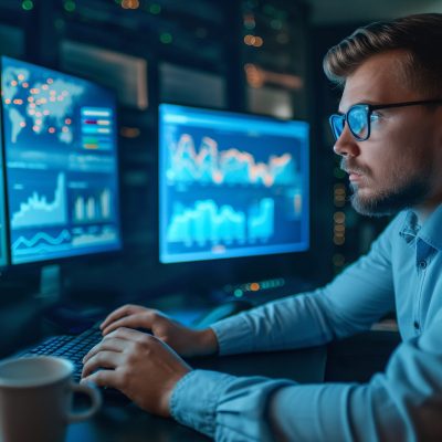 Ein Ingenieur sitzt vor mehreren Bildschirmen, die Diagramme, Grafiken und Daten in Echtzeit anzeigen. Er arbeitet konzentriert an der PSS Planung, während verschiedene Datenvisualisierungen und Analyse-Tools auf den Monitoren zu sehen sind. An engineer sits in front of multiple screens displaying real-time charts, graphs, and data. He is focused on PSS planning, with various data visualizations and analysis tools visible on the monitors.