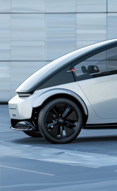 A futuristic, compact electric vehicle is parked in front of a modern building. This image illustrates innovative mobility concepts.
